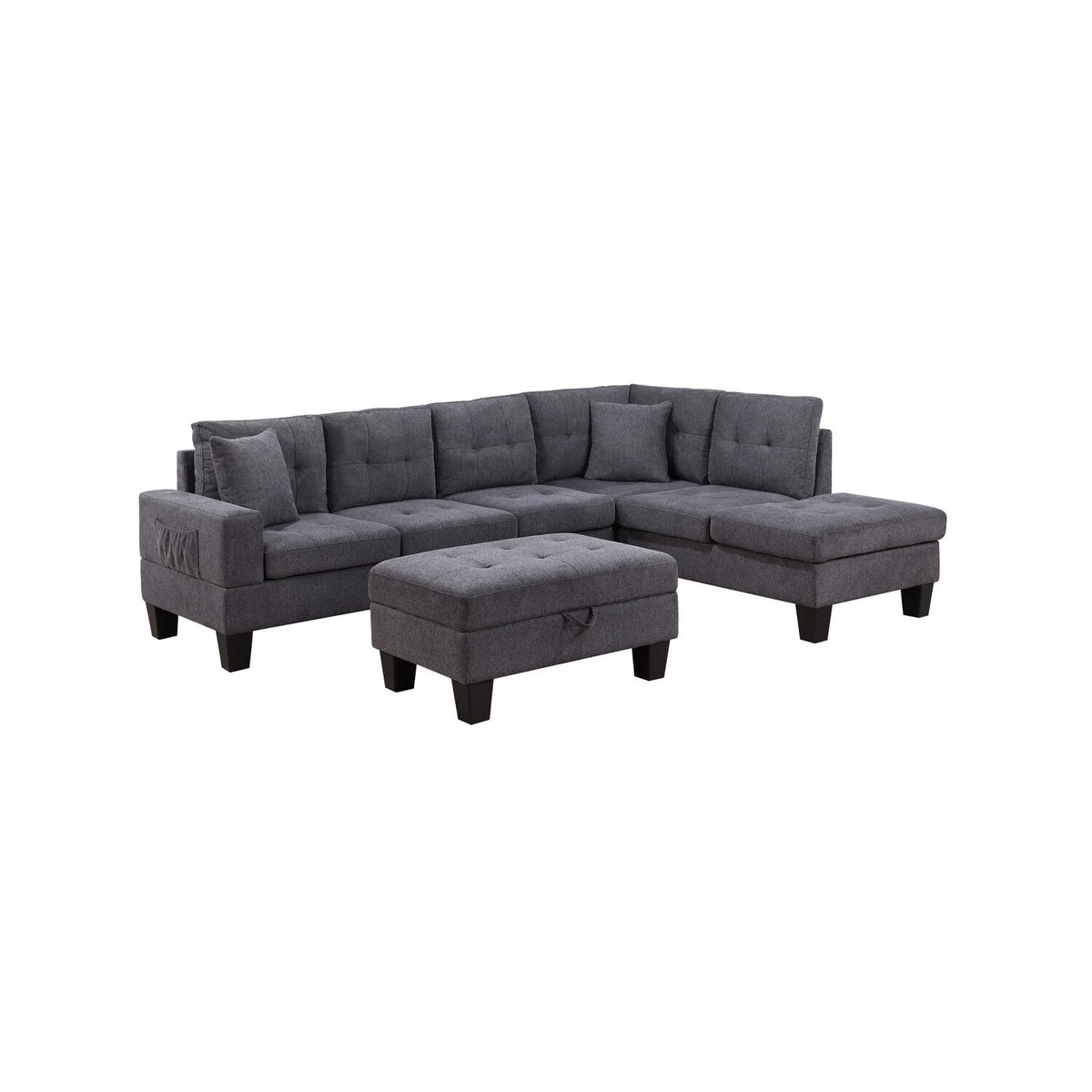 Dark Gray Woven Fabric Sectional with Charging Ports Cupholders E5686