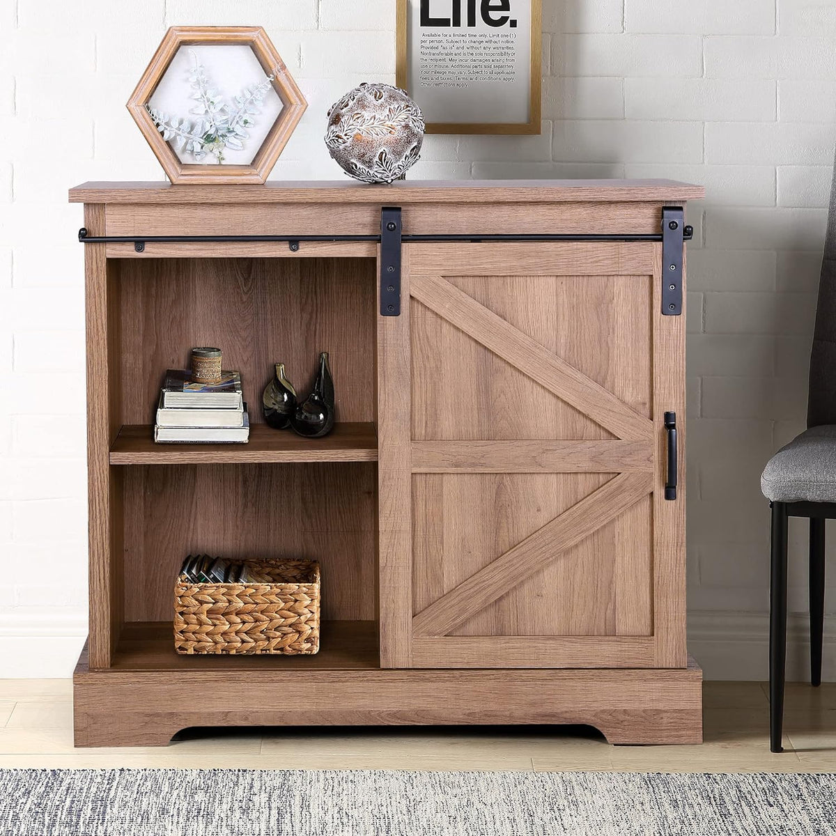 Brown Oak Sideboard Storage Cabinet with Sliding Door T843090