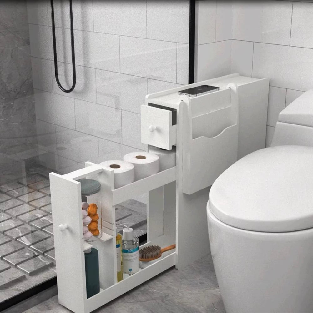 White Wood Slim Bathroom Storage Cabinet with Drawer E770542