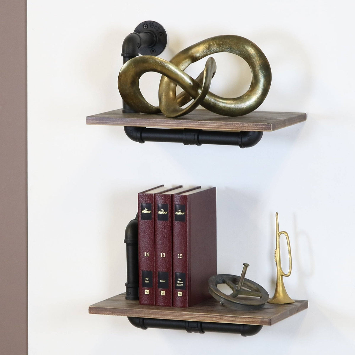 Weathered Wood and Black Pipe Wall Shelves Q359