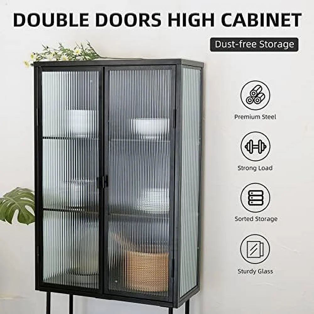 Black Fluted Glass Cabinet with Removable Shelves V26938