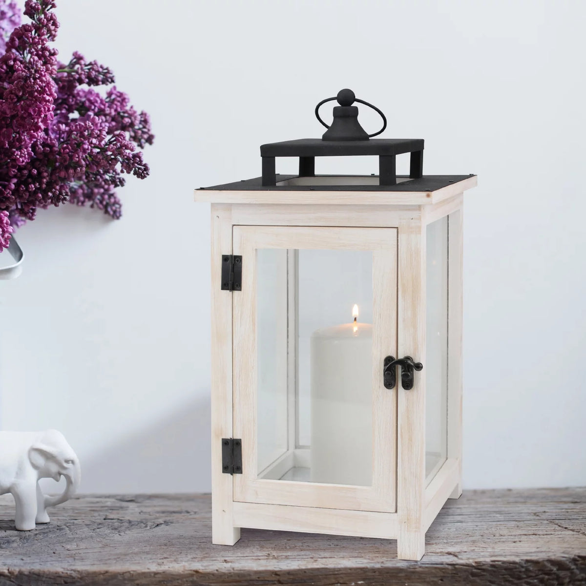 Large White Wood & Metal Decorative Lantern D40298