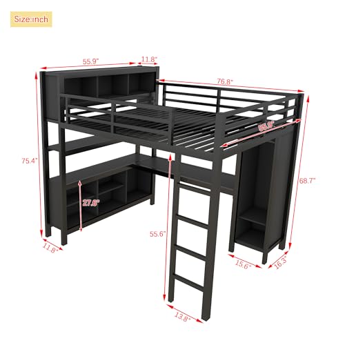 Full Size White Metal Loft Bed with Desk and Wardrobe D592