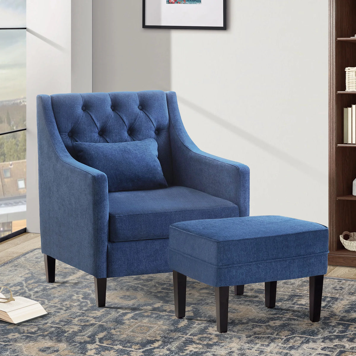 Blue Upholstered Accent Chair with Ottoman I822