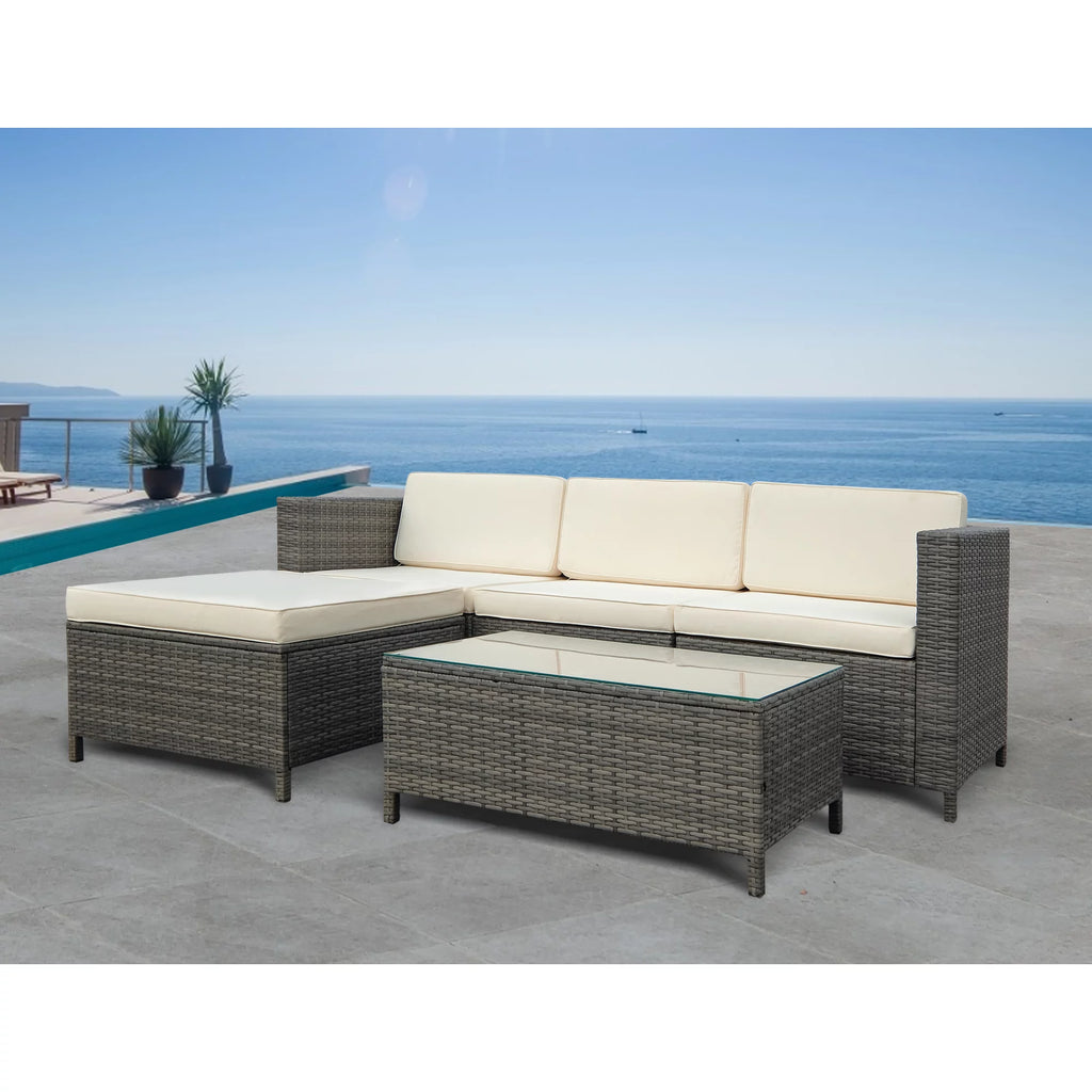 5 Piece Grey PE Rattan Wicker Patio Conversation Set with Glass Coffee Table and Ottomans P740899