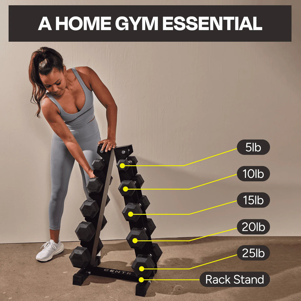 150 lb Rubber Hex Dumbbell Set with Rack T90240