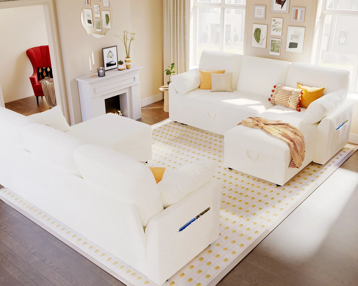 White Sherpa Sofa Bed with Storage Chaise K440488