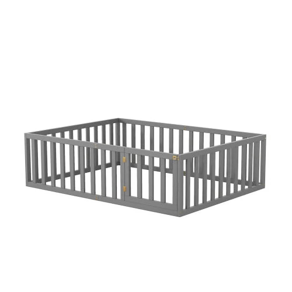 Full Size Wood Floor Bed with Fence Guardrails and Slats F707
