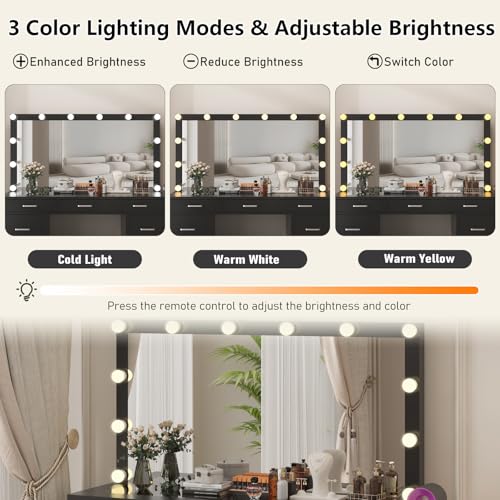 White Vanity Desk Set with Mirror and Lights, Glass Top, 9 Drawers, Power Outlet, Chair K5267