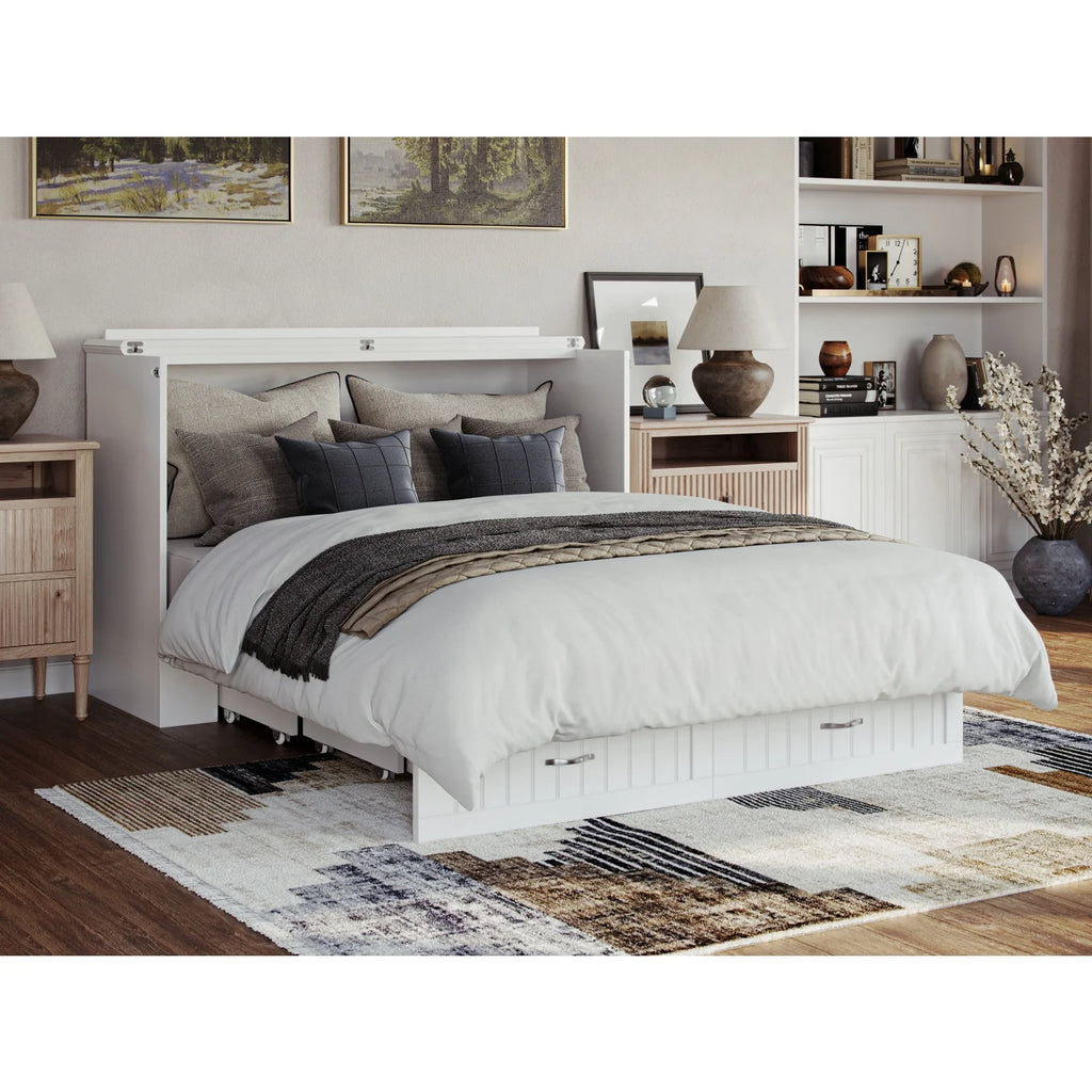 Queen Solid Wood Murphy Bed Chest with Mattress in White E860102