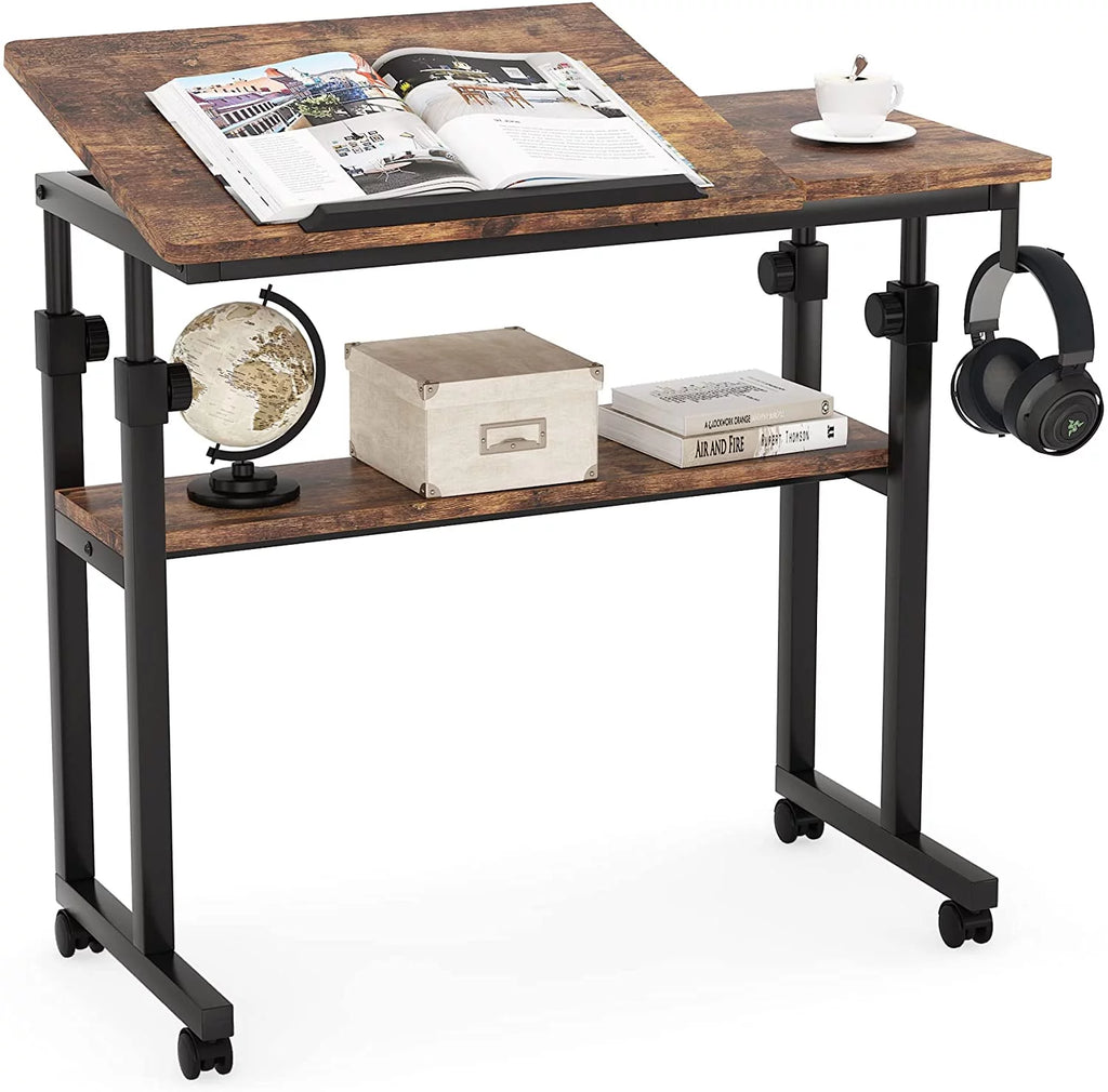 Height Adjustable Bedside Table on Wheels Brown V266