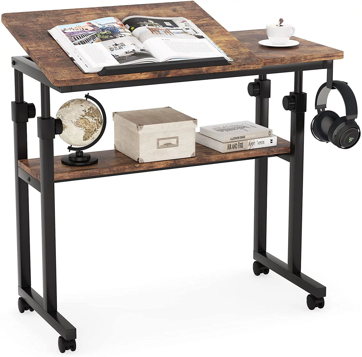 Height Adjustable Bedside Table on Wheels Brown V266