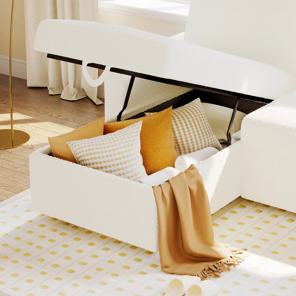 White Sherpa Sofa Bed with Storage Chaise K440488