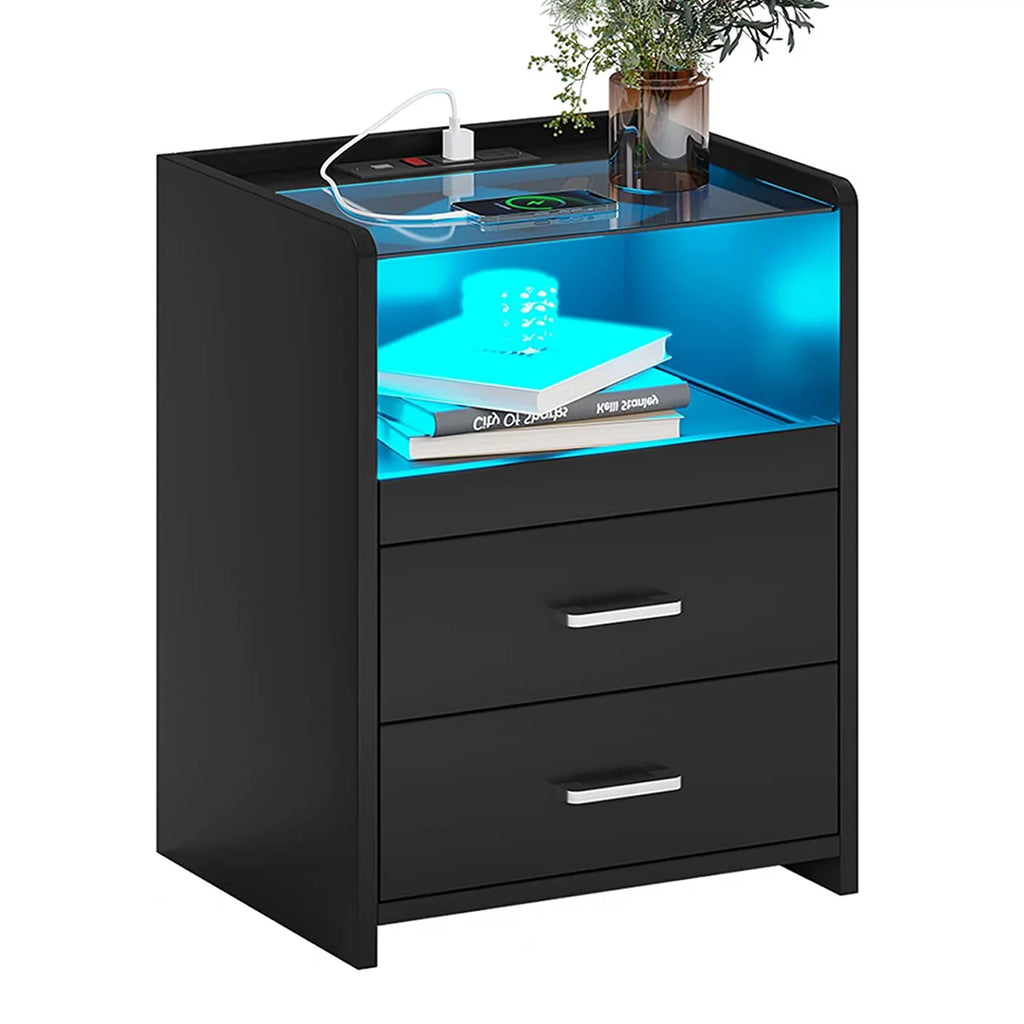 Black LED Nightstand with USB Charging and Drawers J633446