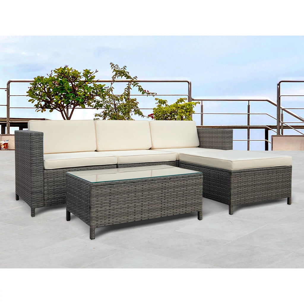 5 Piece Grey PE Rattan Wicker Patio Conversation Set with Glass Coffee Table and Ottomans P740899