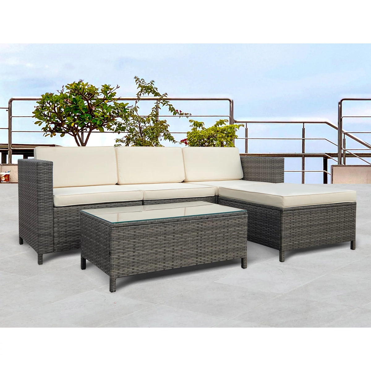 5 Piece Grey PE Rattan Wicker Patio Conversation Set with Glass Coffee Table and Ottomans P740899