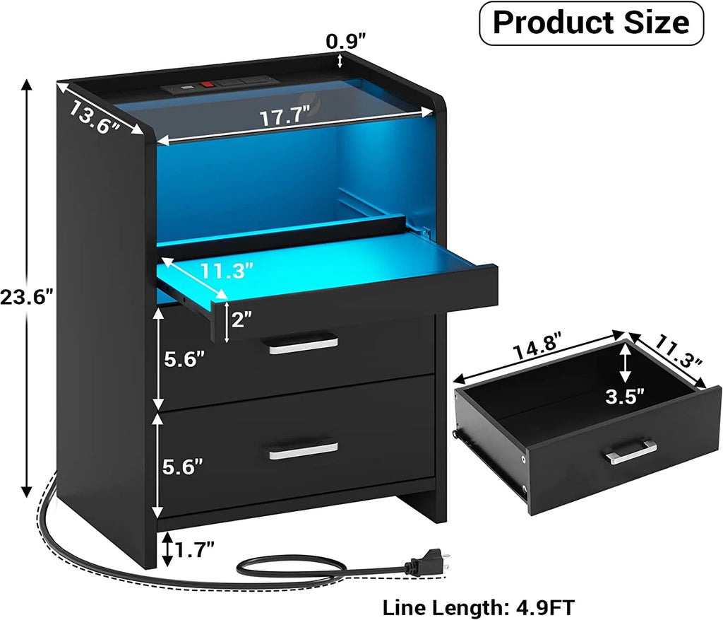 Black LED Nightstand with USB Charging and Drawers J633446
