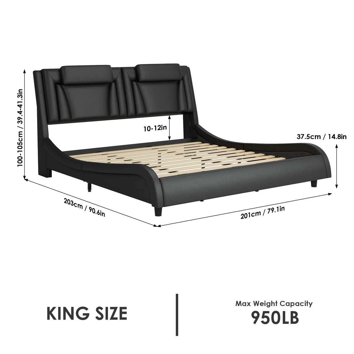 Queen LED PU Leather Upholstered Platform Bed with Adjustable Headboard W6458
