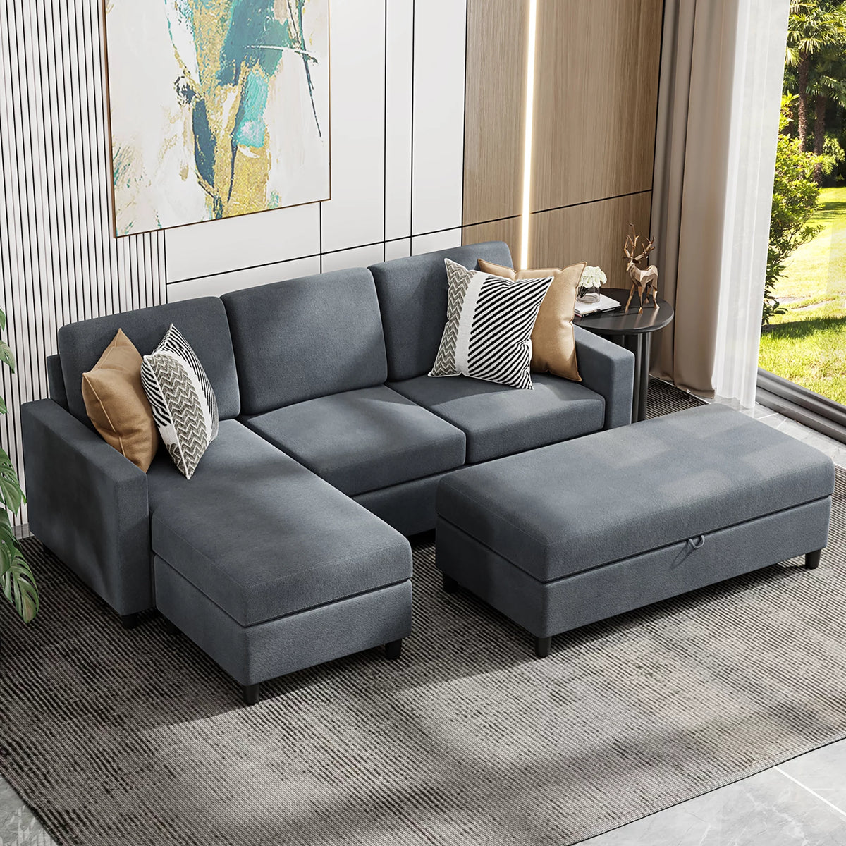 L-Shaped Convertible Sectional Sofa with Storage Ottoman D37353