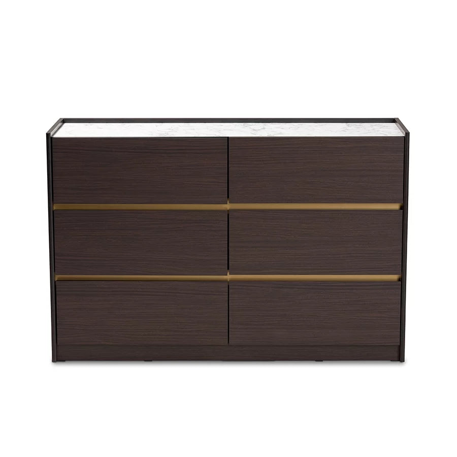 Dark Brown Gold Wood 6-Drawer Dresser with Faux Marble Top L123051