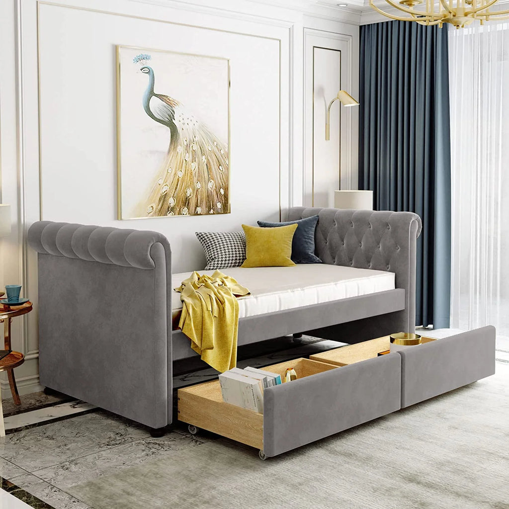 Gray Upholstered Daybed with Storage and 2 Drawers Z309