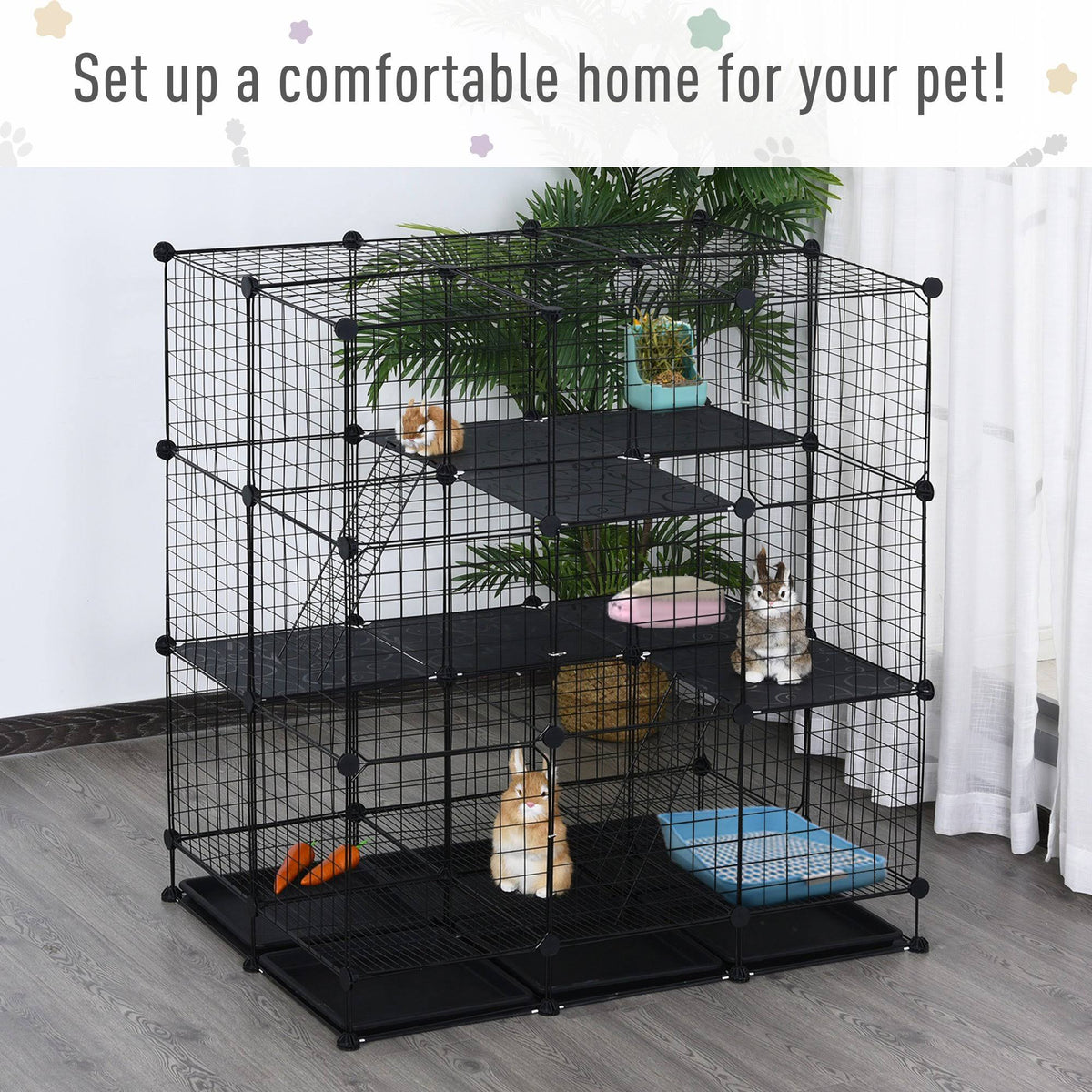 Black Steel Pet Playpen with Trays F69367
