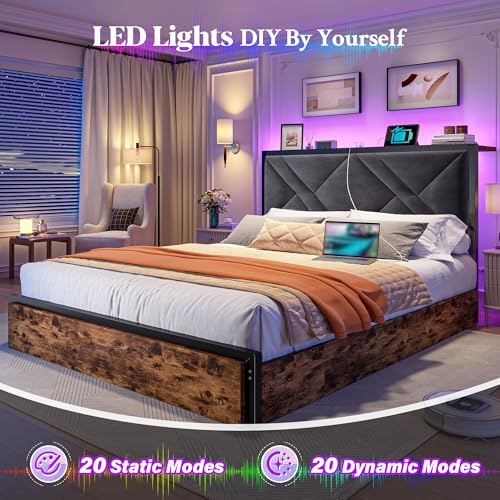 Queen Size Bed Frame with 6 Storage Drawers and LED Lights U9046