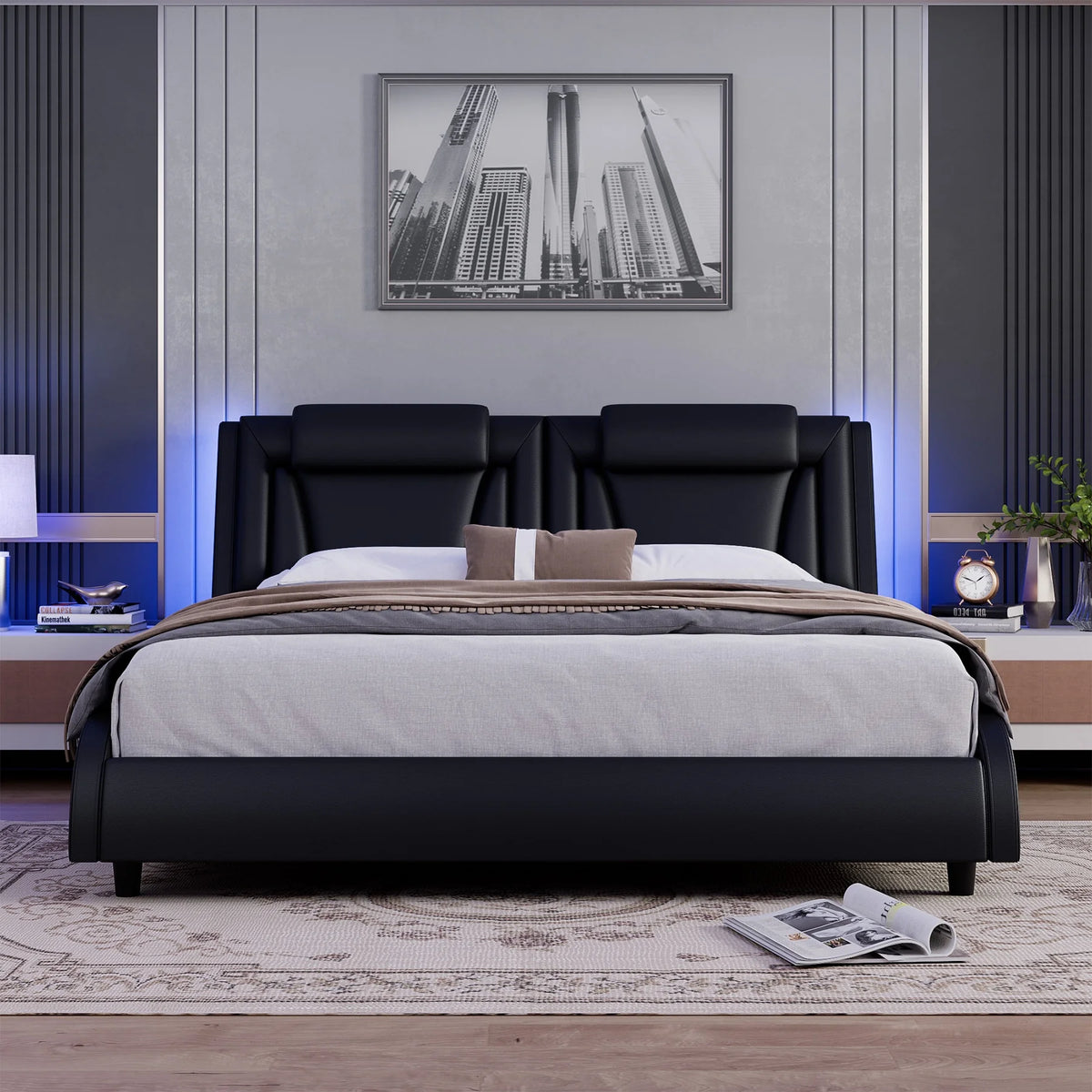 Queen LED PU Leather Upholstered Platform Bed with Adjustable Headboard W6458