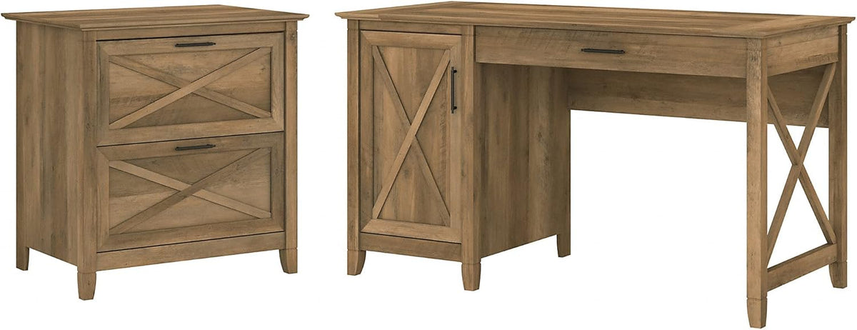 54W Reclaimed Pine Computer Desk with 2 Drawer File Cabinet S35918