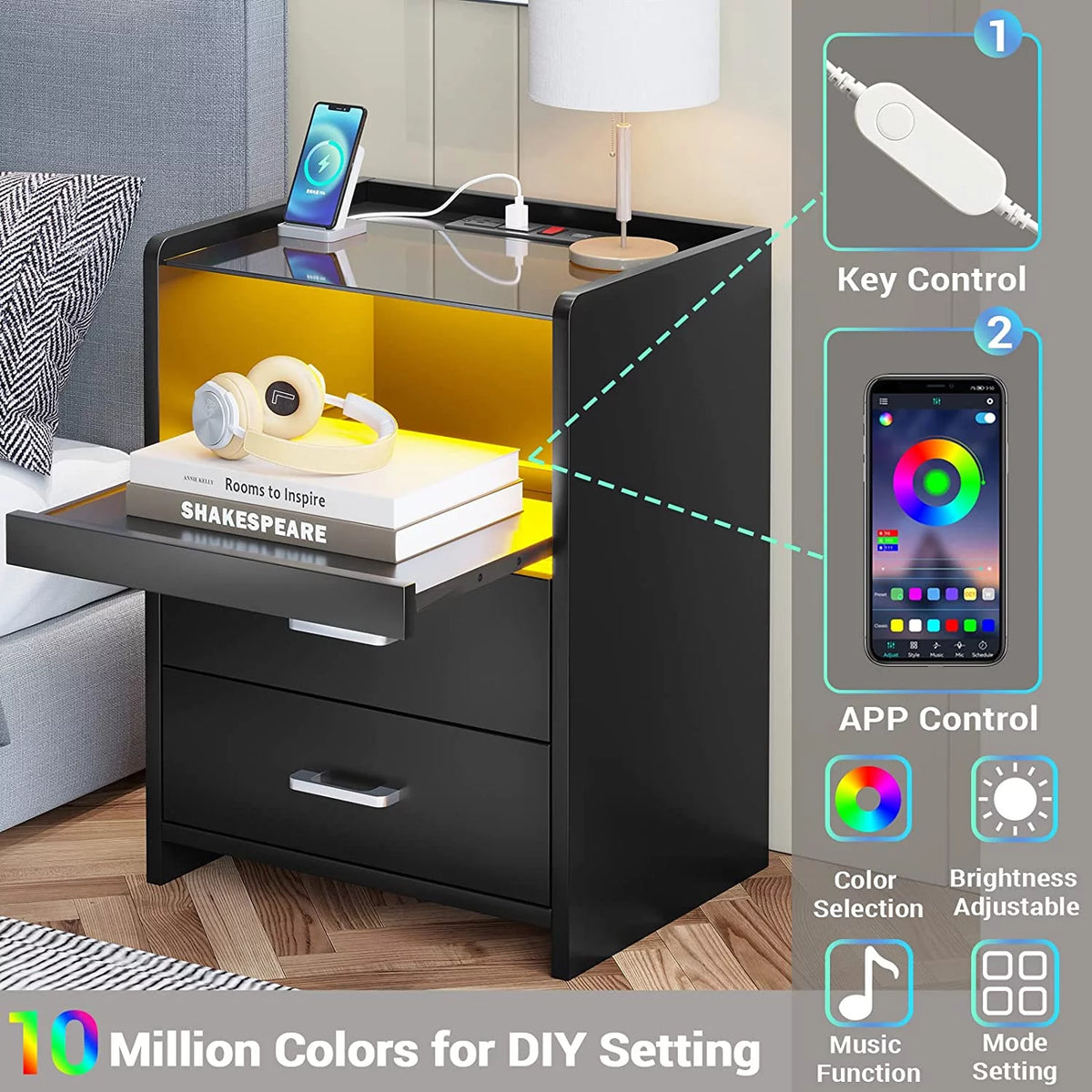 Black LED Nightstand with USB Charging and Drawers J633446