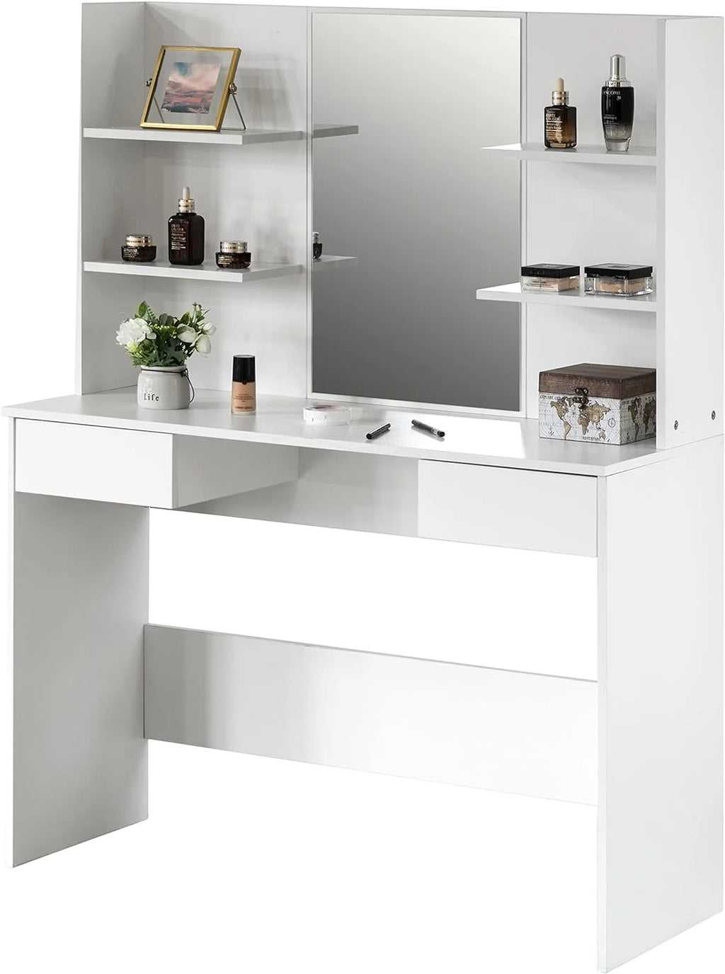 White Wooden Dressing Table with Drawer, Mirror and Shelves P935