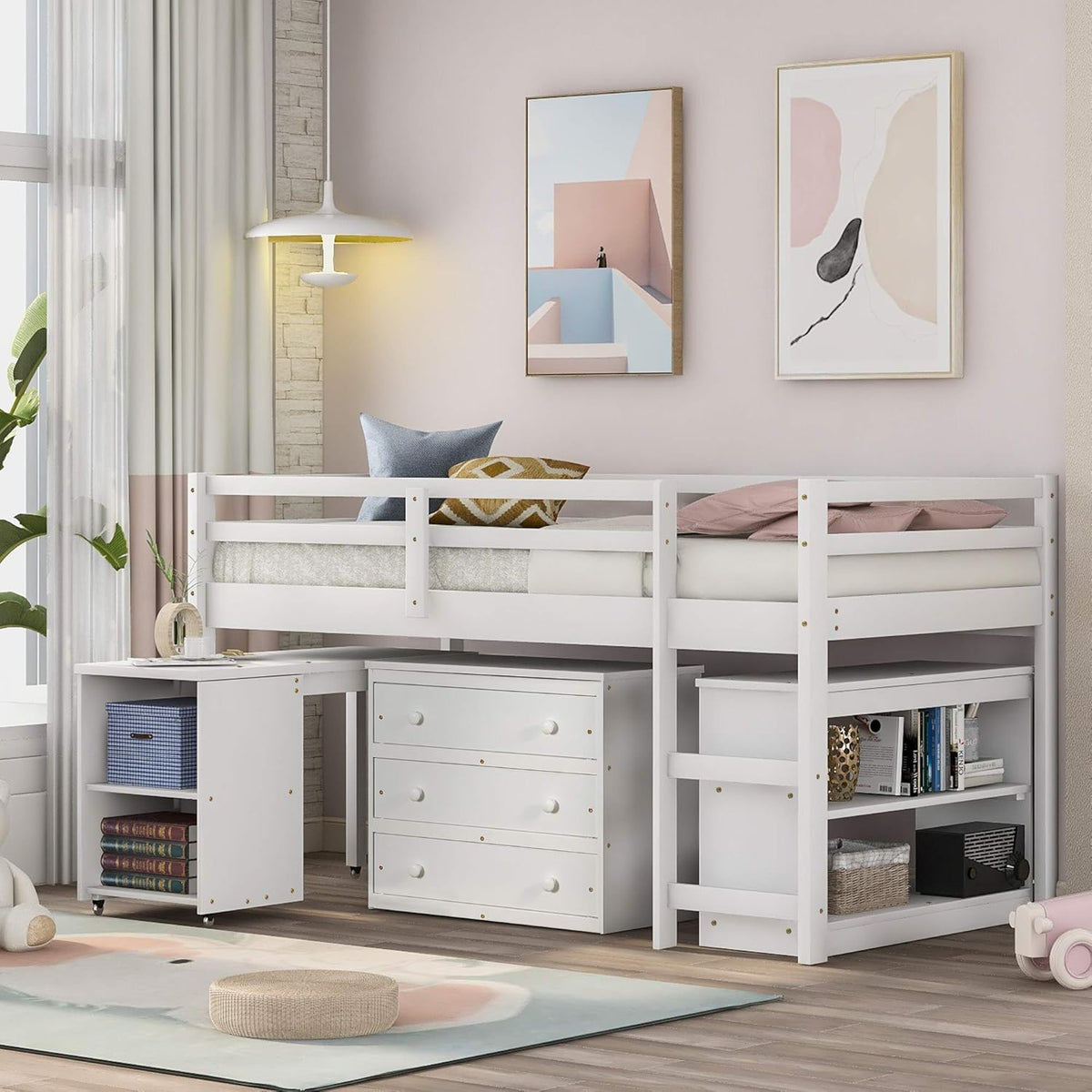 Twin Low Loft Bed with Desk and Cabinet Wooden Bed Frame Z150680