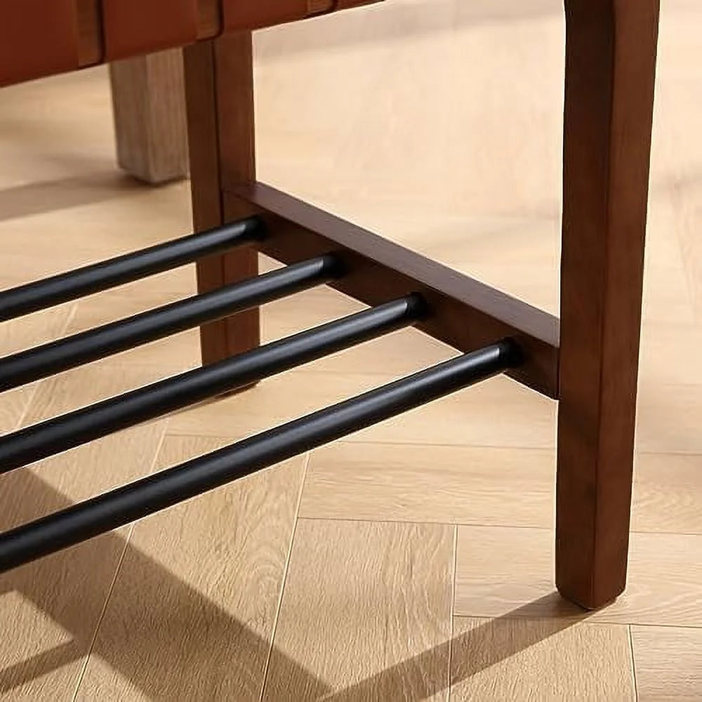 Brown 45 Inch Woven Wood Accent Bench with Metal Shoe Rack A455841