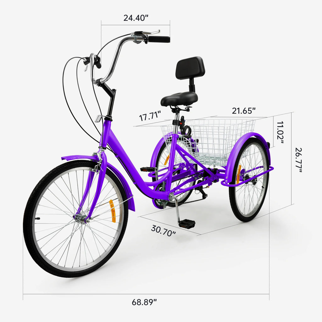 24 Purple 7-Speed Adult Tricycle with Seat and Rear Basket Y319