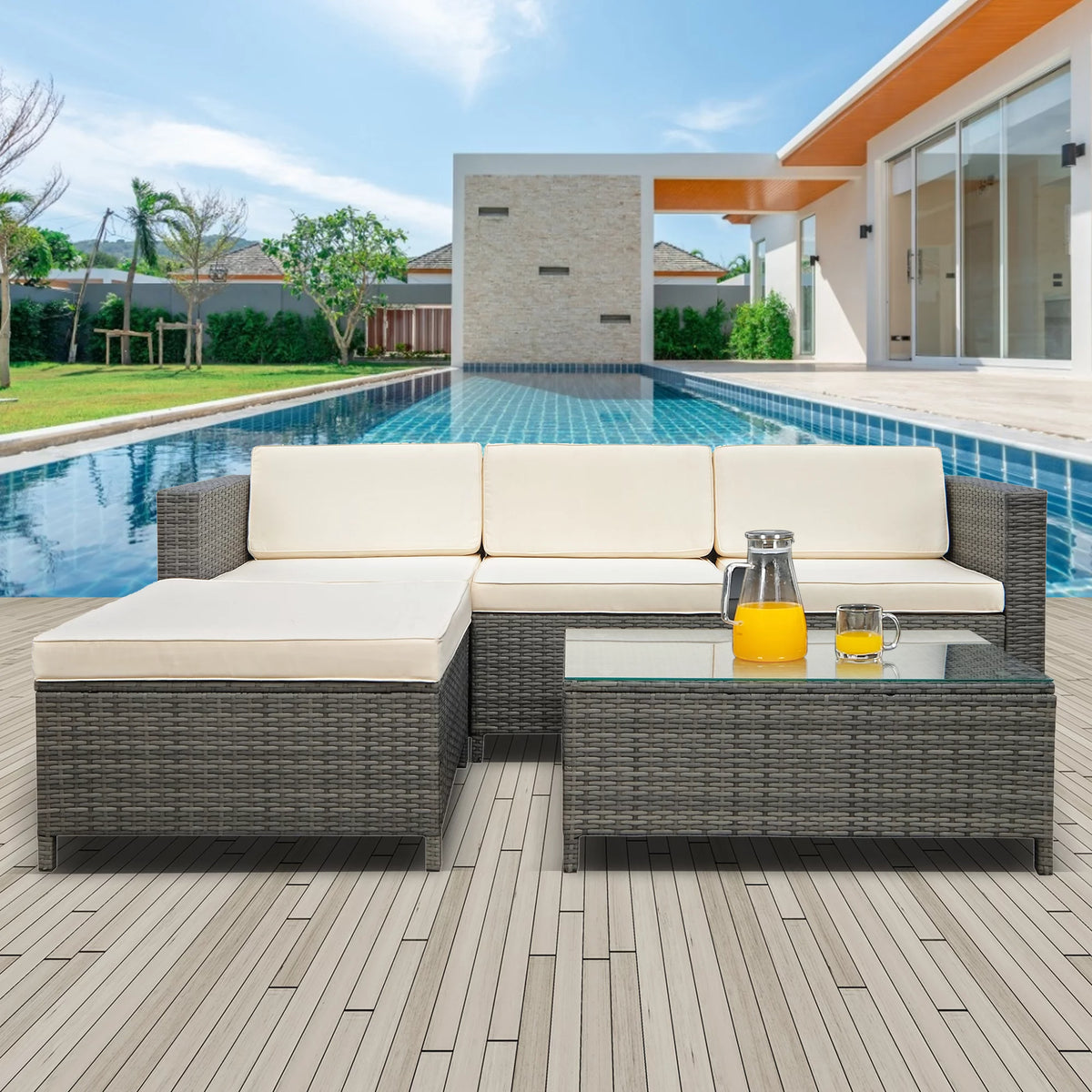 5 Piece Grey PE Rattan Wicker Patio Conversation Set with Glass Coffee Table and Ottomans P740899