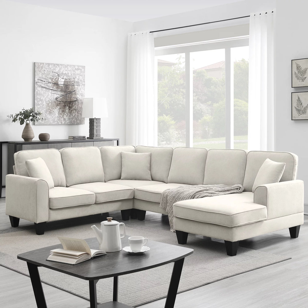 Beige U-Shaped 7-Seater Sectional Couch with Chaise A42793