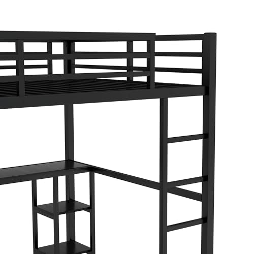 Full Size White Metal Loft Bed with Desk and Wardrobe D592