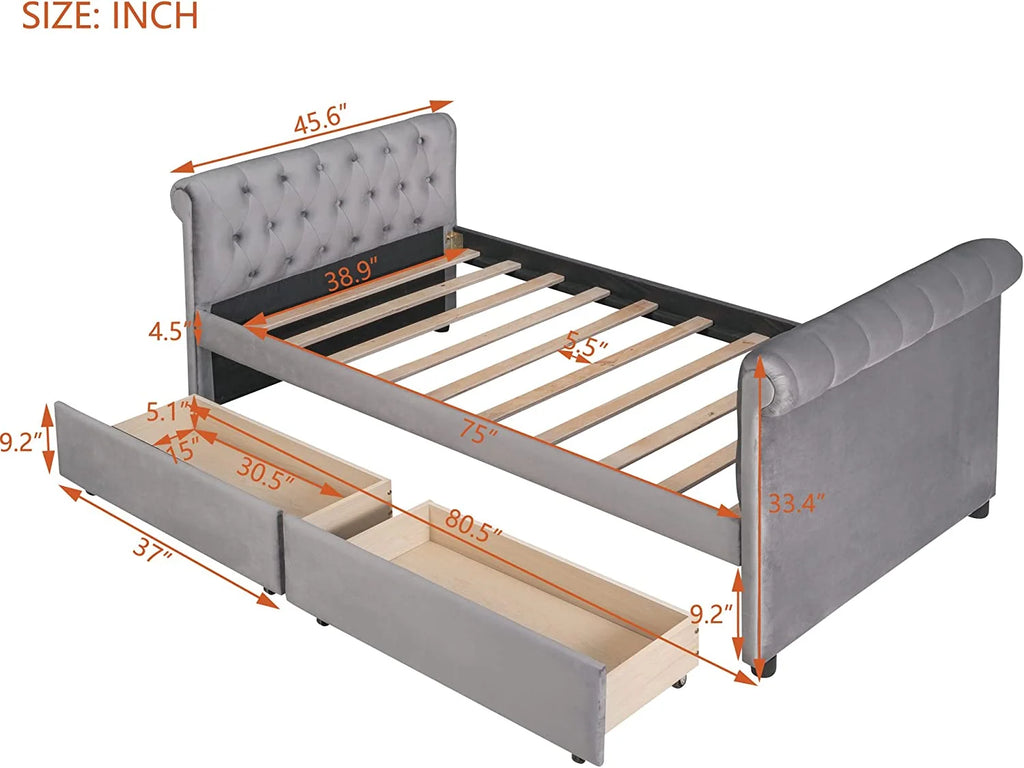 Gray Upholstered Daybed with Storage and 2 Drawers Z309