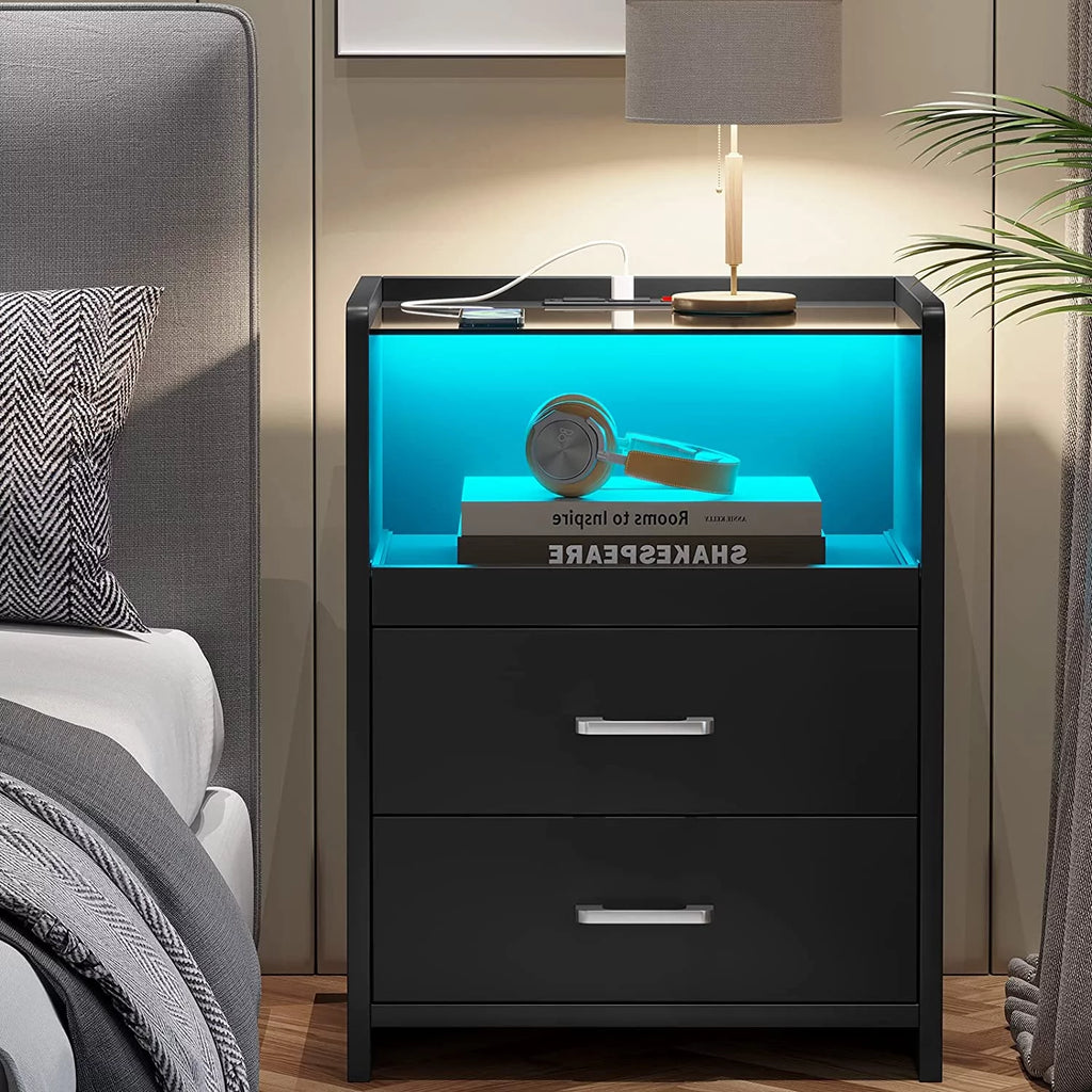 Black LED Nightstand with USB Charging and Drawers J633446