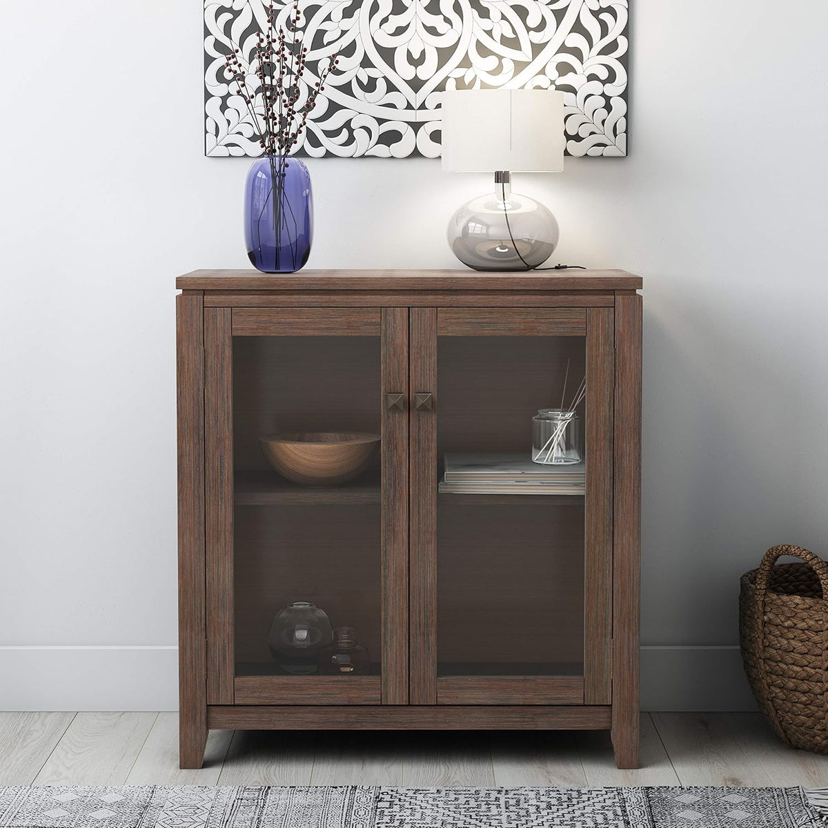Farmhouse Grey 30 inch Wide Low Storage Cabinet with 2 Tempered Glass Doors M77066