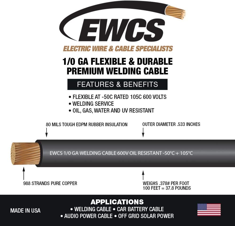 1/0 Gauge Welding Cable 600 Volt Black 50 Feet V259307