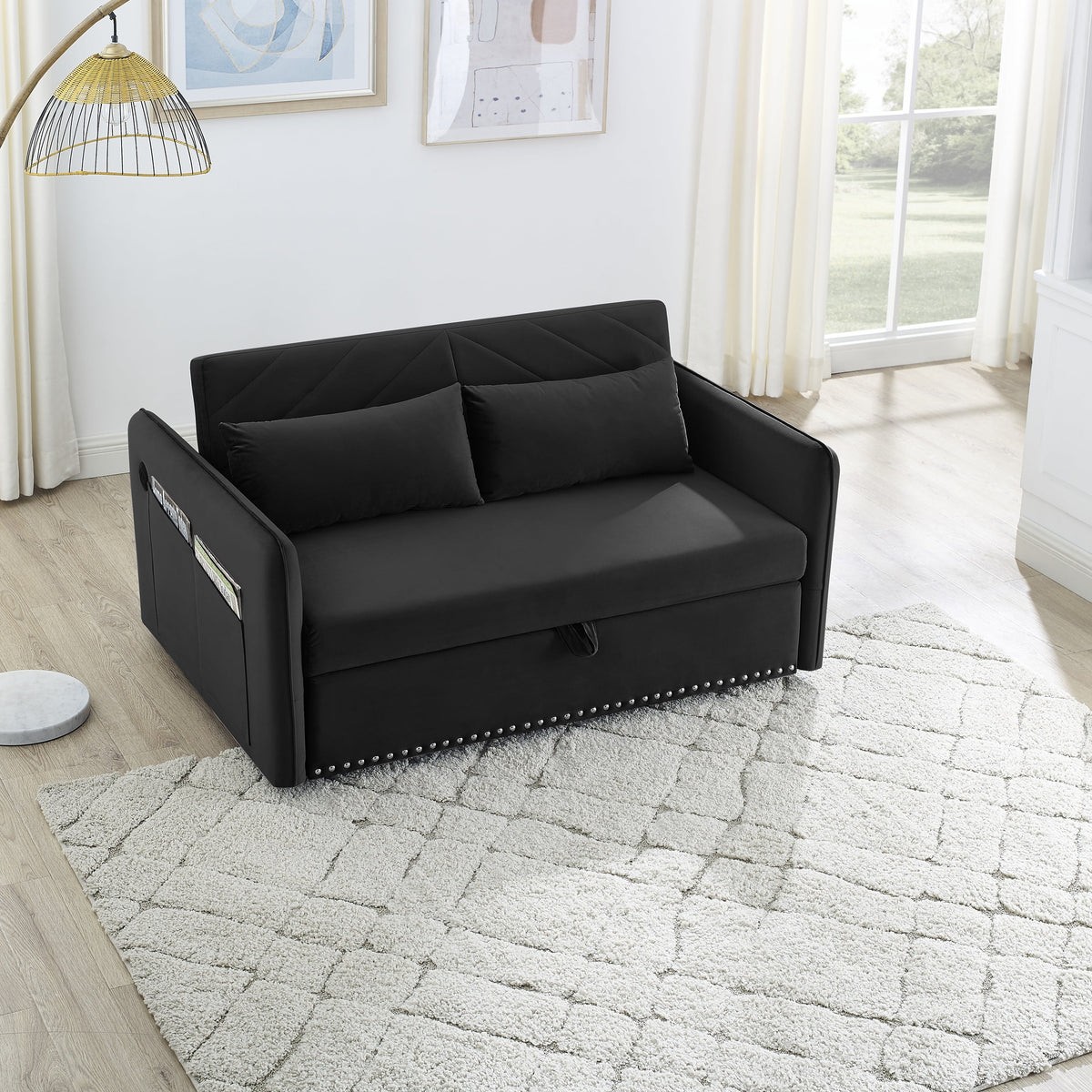 Black Velvet 3 in 1 Sleeper Sofa Couch Bed with 2 USB Ports C2249