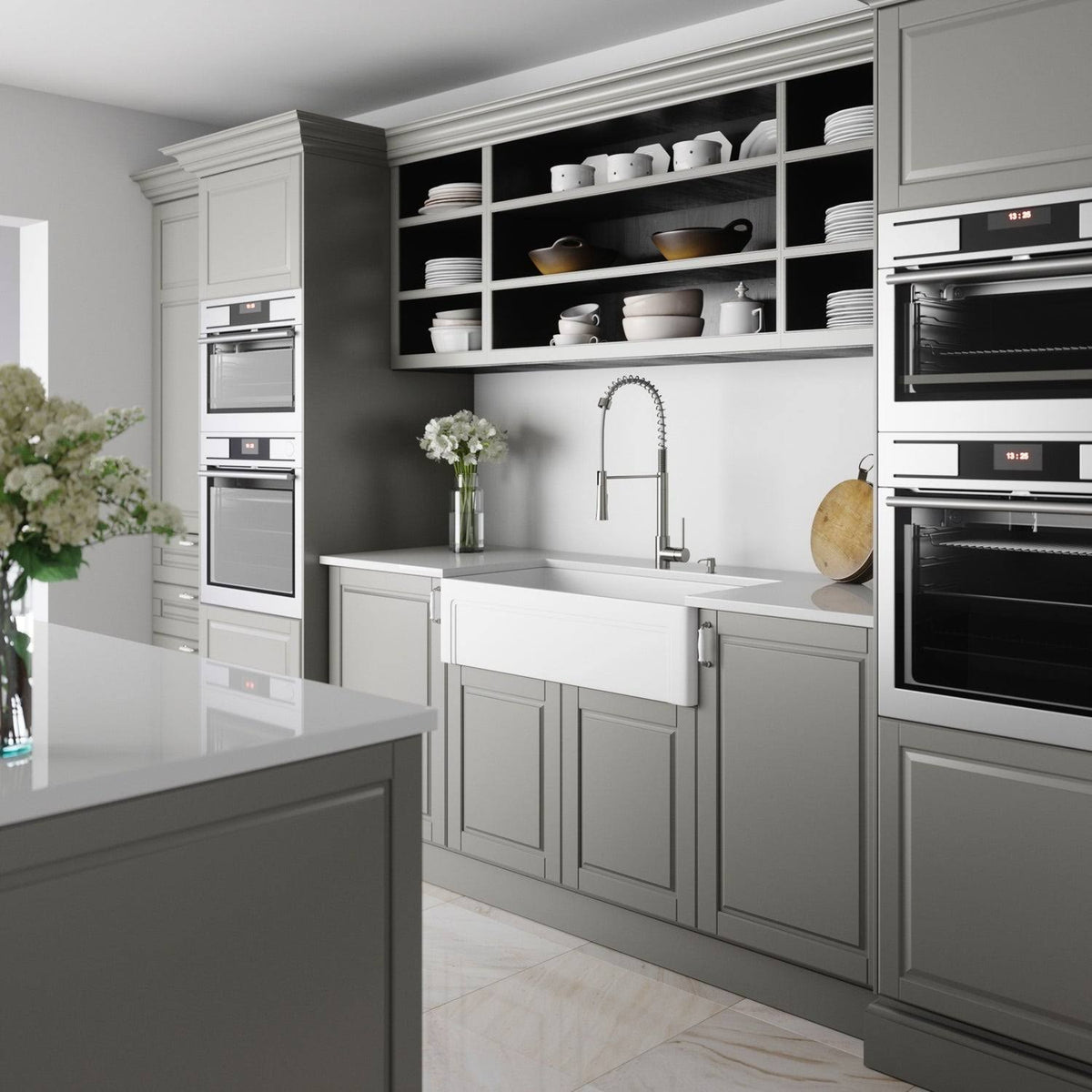 White Matte Stone Farmhouse Kitchen Sink with Grid N828