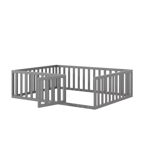 Full Size Wood Floor Bed with Fence Guardrails and Slats F707