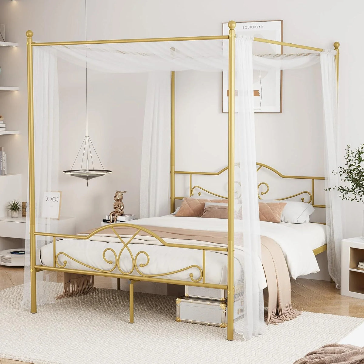 Full Size Gold Metal Canopy Bed Frame with Headboard and Footboard D849