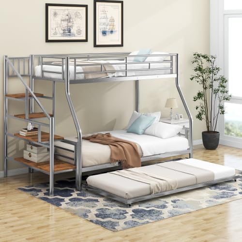 Black Twin Over Full Metal Bunk Bed with Trundle and Storage Staircase X583