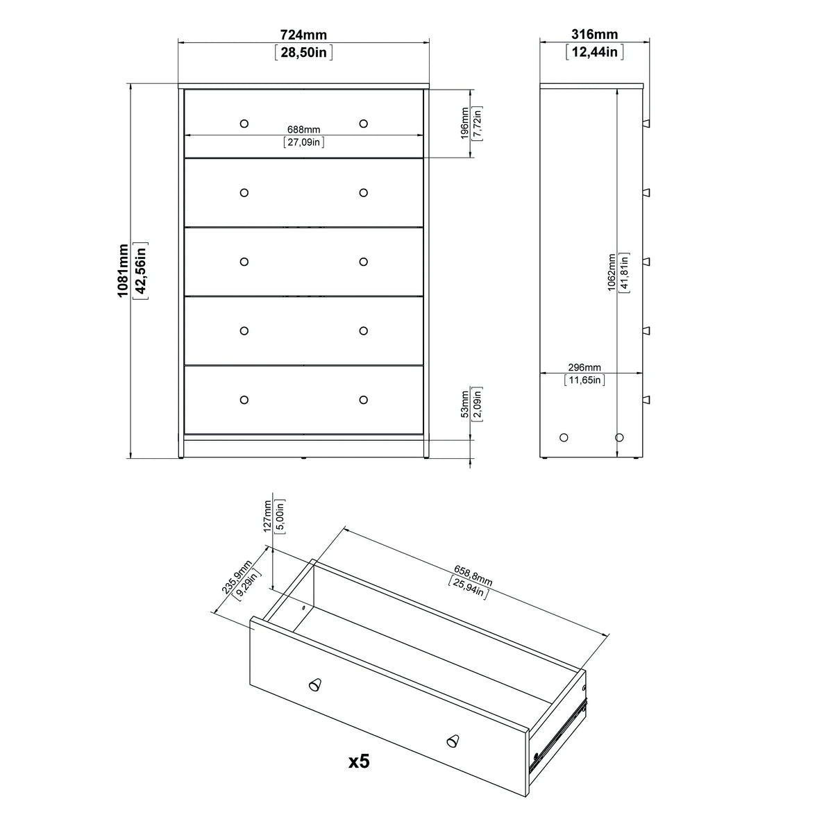 5 Drawer Chest Grey U6876