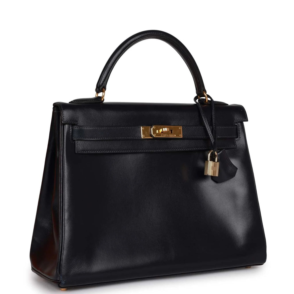 Vintage Navy Box Leather Bag with Gold Hardware Y51191