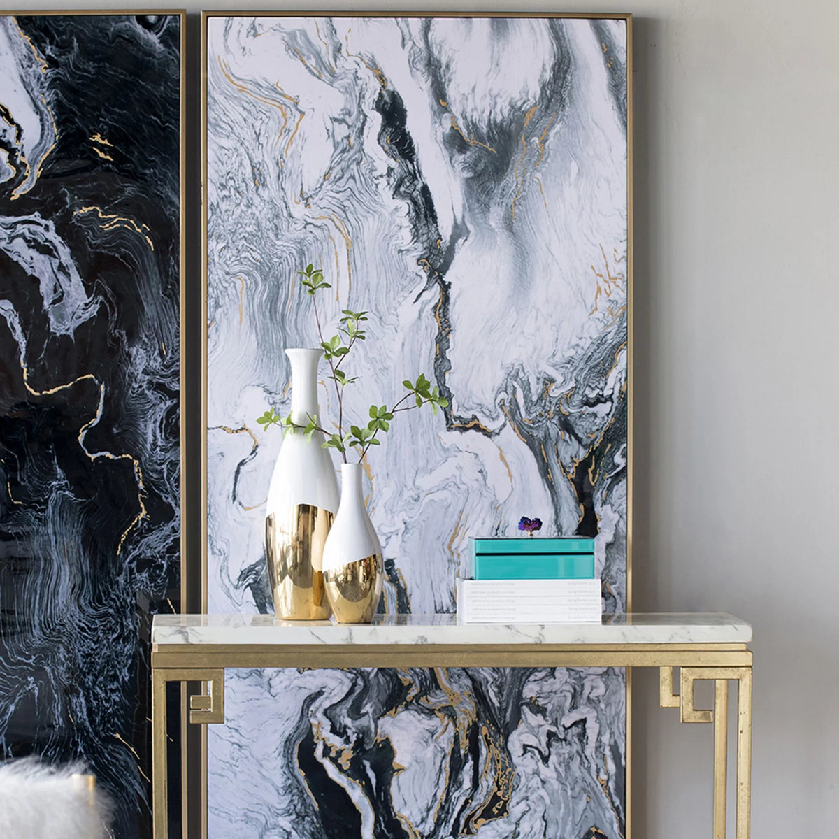 Black and White Marbled Print Wall Art with Gold Frame, Set of 2 I4514