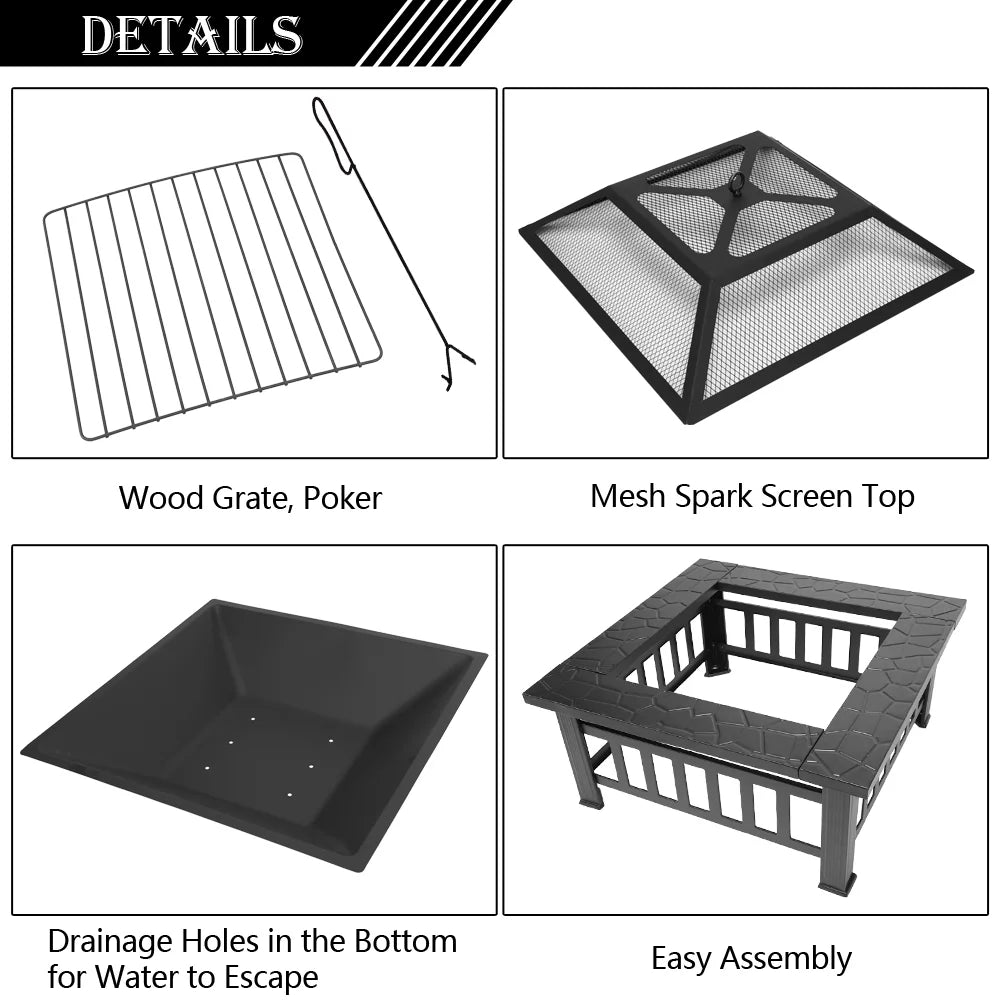 32 Wood Burning Fire Pit with Screen Lid and Poker, Black I593
